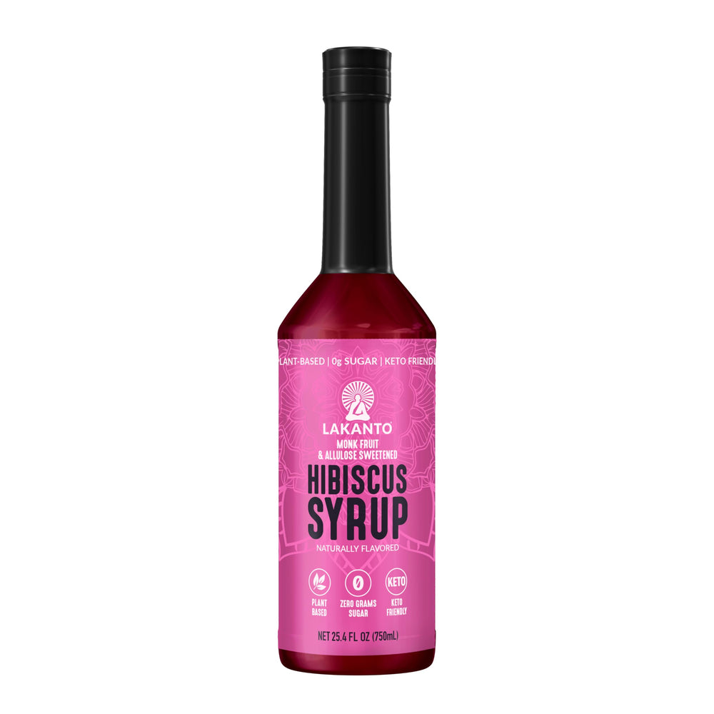 Lakanto Simple Syrup Hibiscus bottle showing zero-calorie flavor for everyday drinks