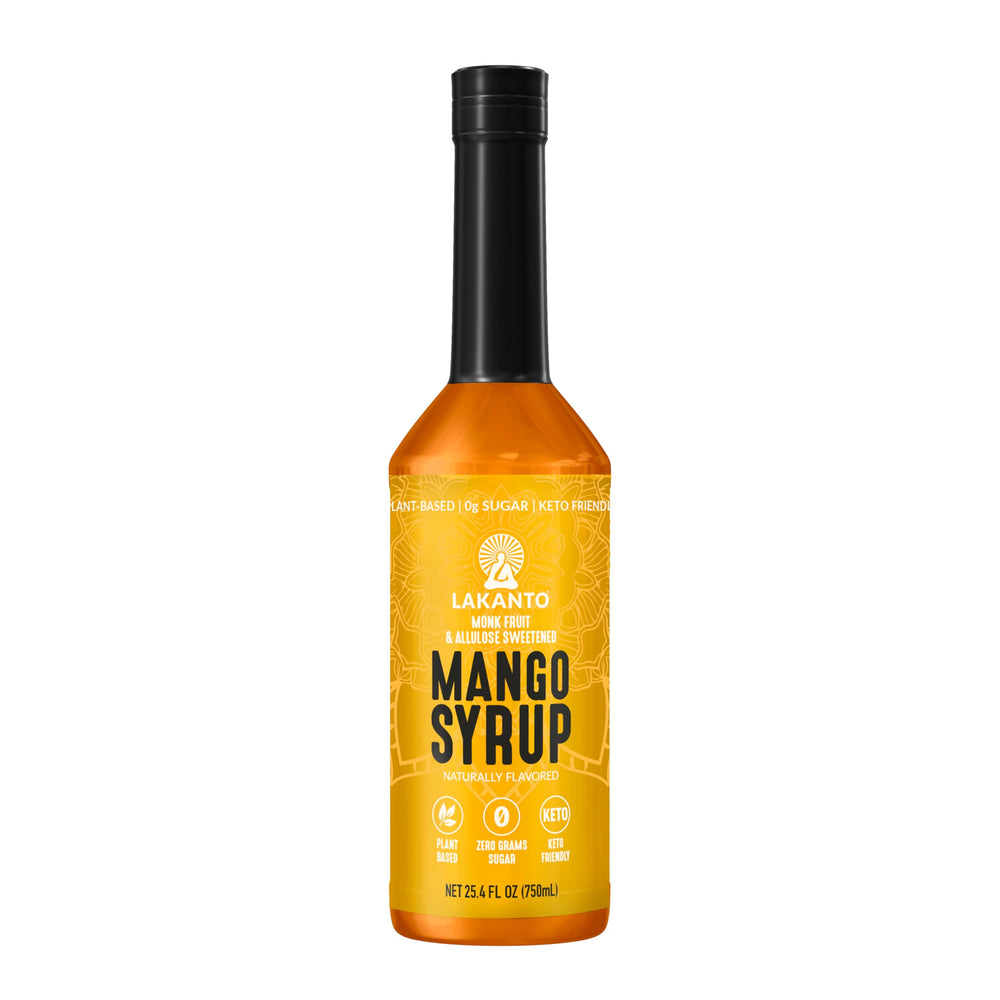 Lakanto Mango Simple Syrup bottle shows clean, sugar-free sweetness for drinks.