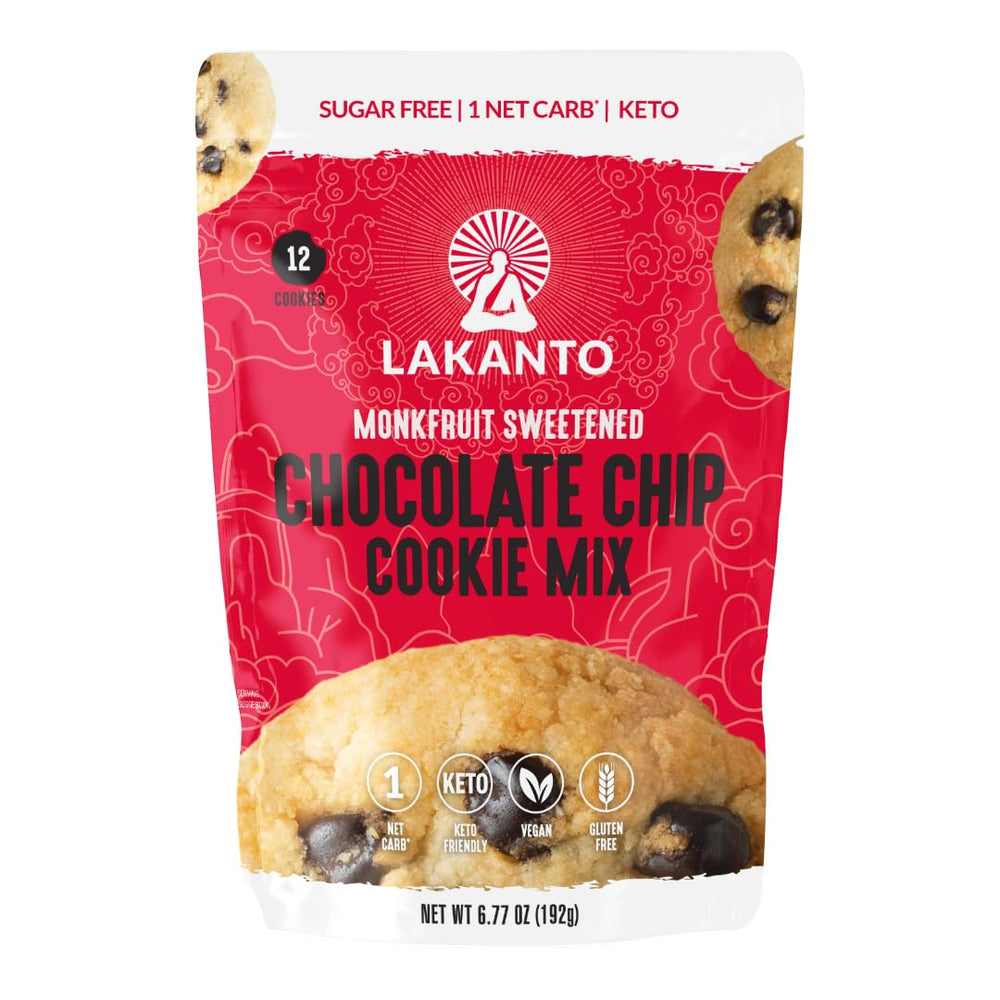 Lakanto sugar-free chocolate chip cookie mix pack ready for keto-friendly baking.