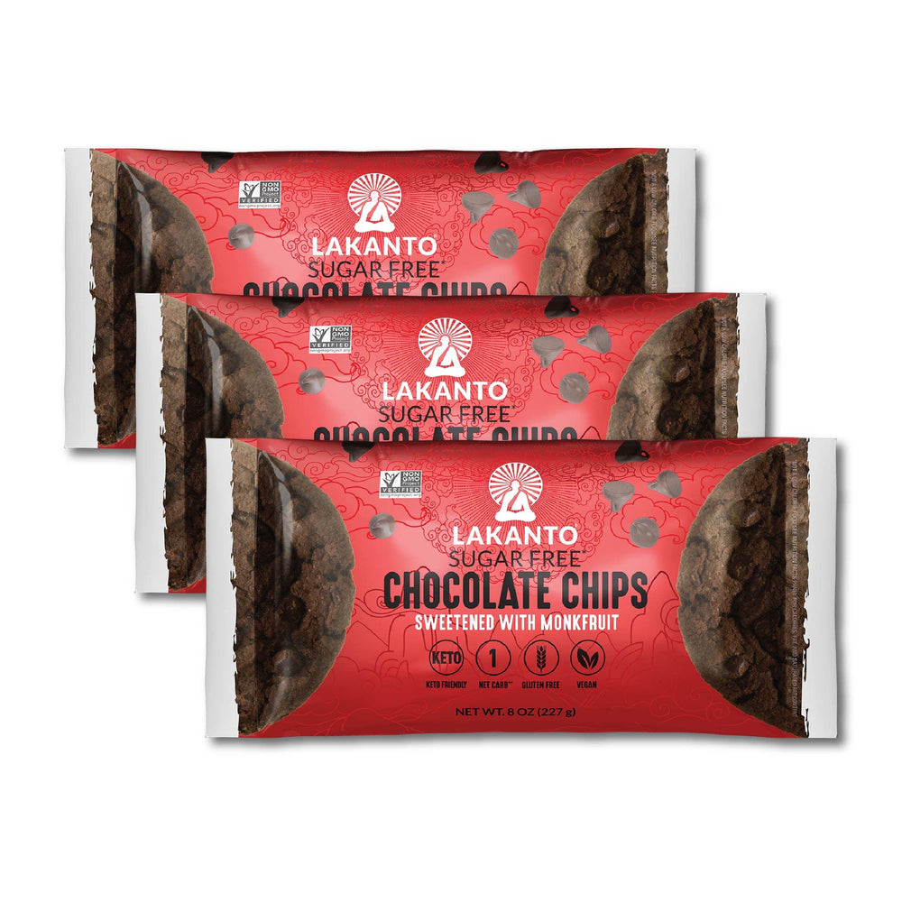 Lakanto Sugar Free Chocolate Chips pack of 3, ideal for gluten-free baking.