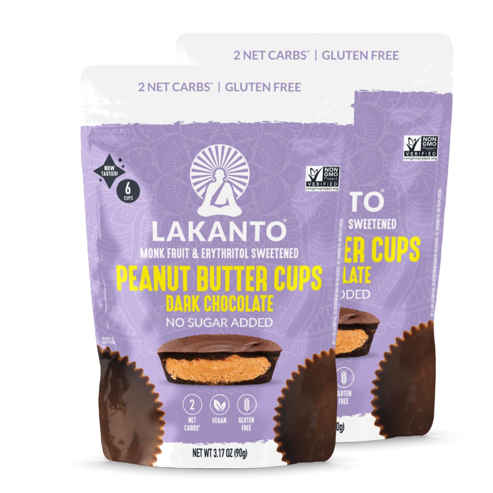 Lakanto sugar-free chocolate peanut butter cups pack front, keto-friendly snack.