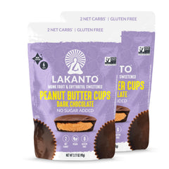 Lakanto sugar-free chocolate peanut butter cups pack front, keto-friendly snack.