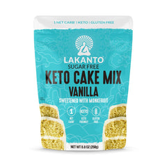 Lakanto sugar free keto vanilla cake mix packaging shown for tasteful baking