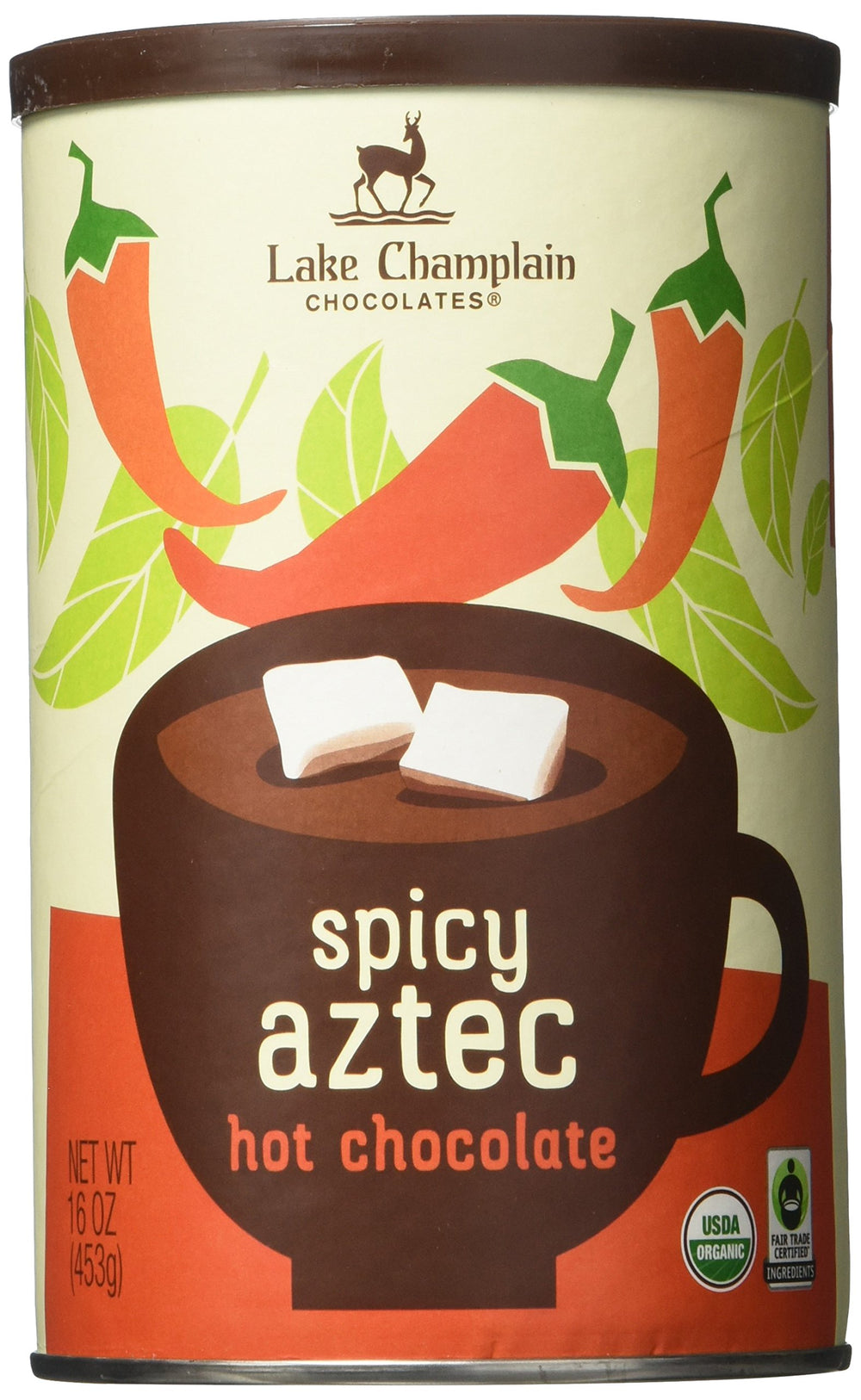 Lake Champlain Chocolates Spicy Aztec Hot Chocolate packaging highlights organic and fair trade ingredients.