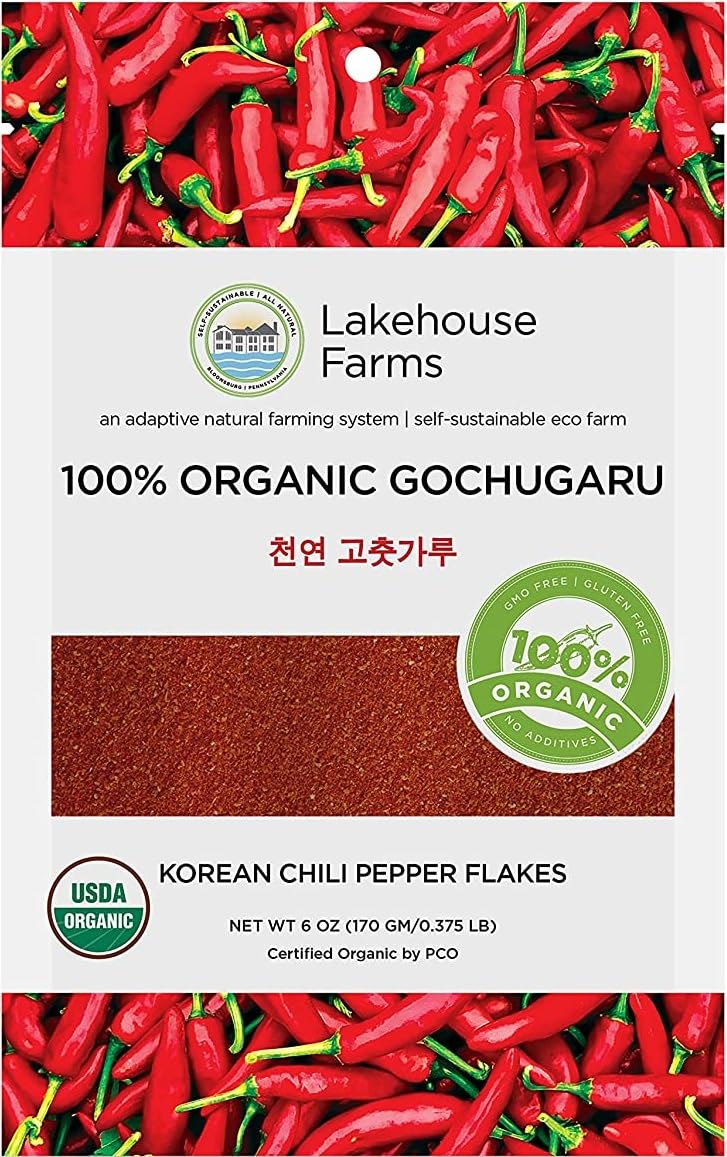 Lakehouse Farms gochugaru fine jar front shows the brand and organic promise.