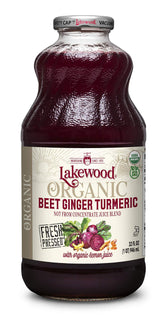 Lakewood Beet Ginger Turmeric bottle pouring, a refreshing, antioxidant-rich moment.