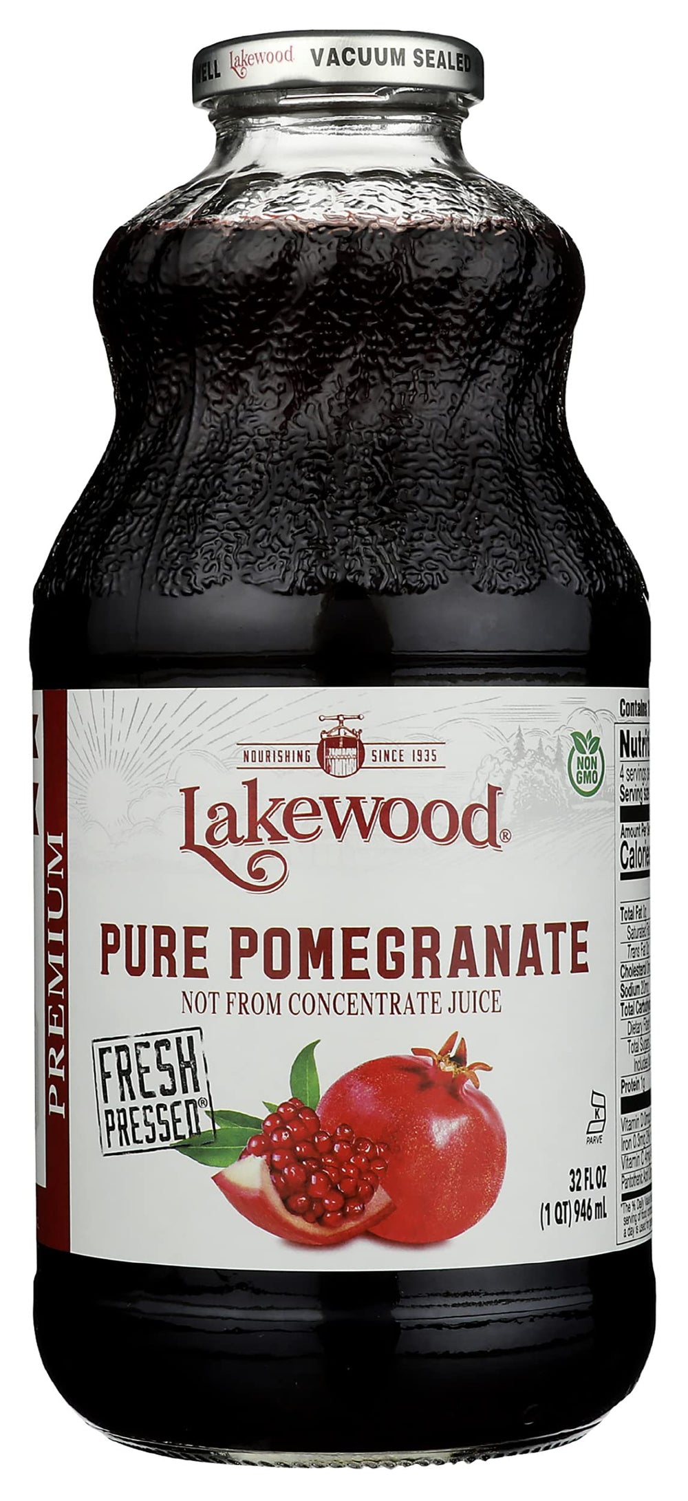 Lakewood Organic Pomegranate Juice bottle front view showing rich color for a healthy choice.