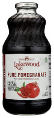 Lakewood Organic Pomegranate Juice bottle front view showing rich color for a healthy choice.