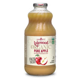 Lakewood Organic Pure Apple Juice 32oz bottle on shelf for daily hydration.