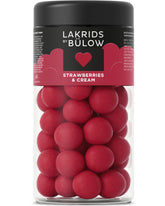 LAKRIDS BY BULOW Strawberries and Cream jar front, sharing-ready chocolate-coated licorice.