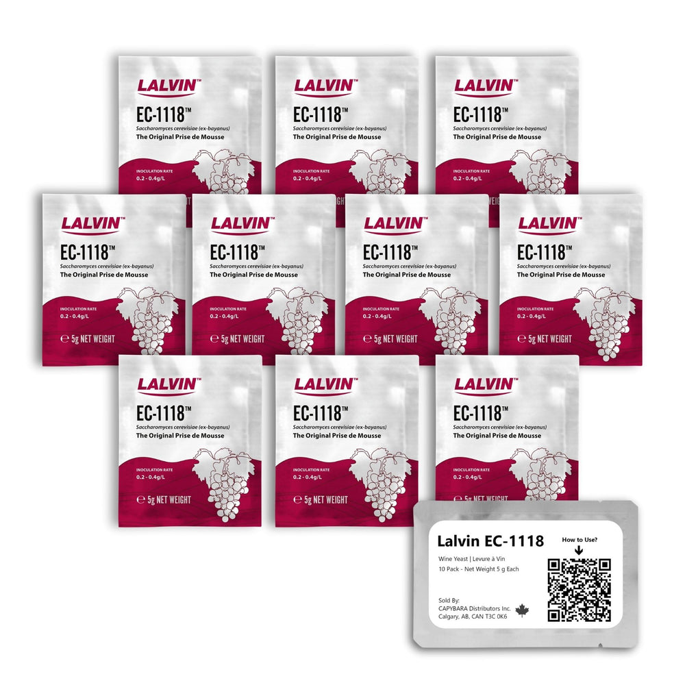 Lalvin EC-1118 10-pack sachets for versatile wine fermentation and sparkling base potential.