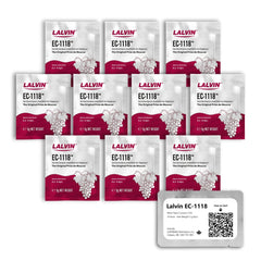 Lalvin EC-1118 10-pack sachets for versatile wine fermentation and sparkling base potential.