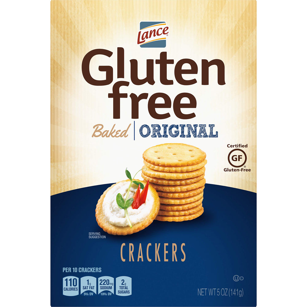 Lance Gluten Free Crackers Original Baked box shows crispy, buttery texture for snacking.