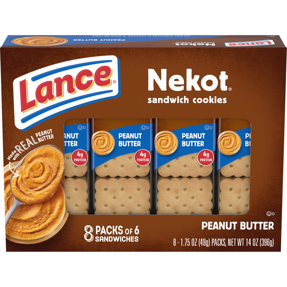 Lance Nekot peanut butter sandwich cookies in a box for convenient snacking.