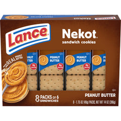 Lance Nekot peanut butter sandwich cookies in a box for convenient snacking.