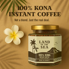 Back of Land of the Sea Kona Instant jar showing 22 servings for easy daily use.