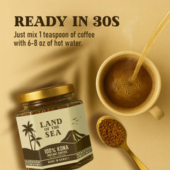 Steaming cup of Land of the Sea Kona Instant with smooth, low-acid flavor.