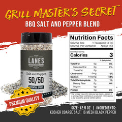 Lane's coarse salt and pepper grind for even flavor distribution.