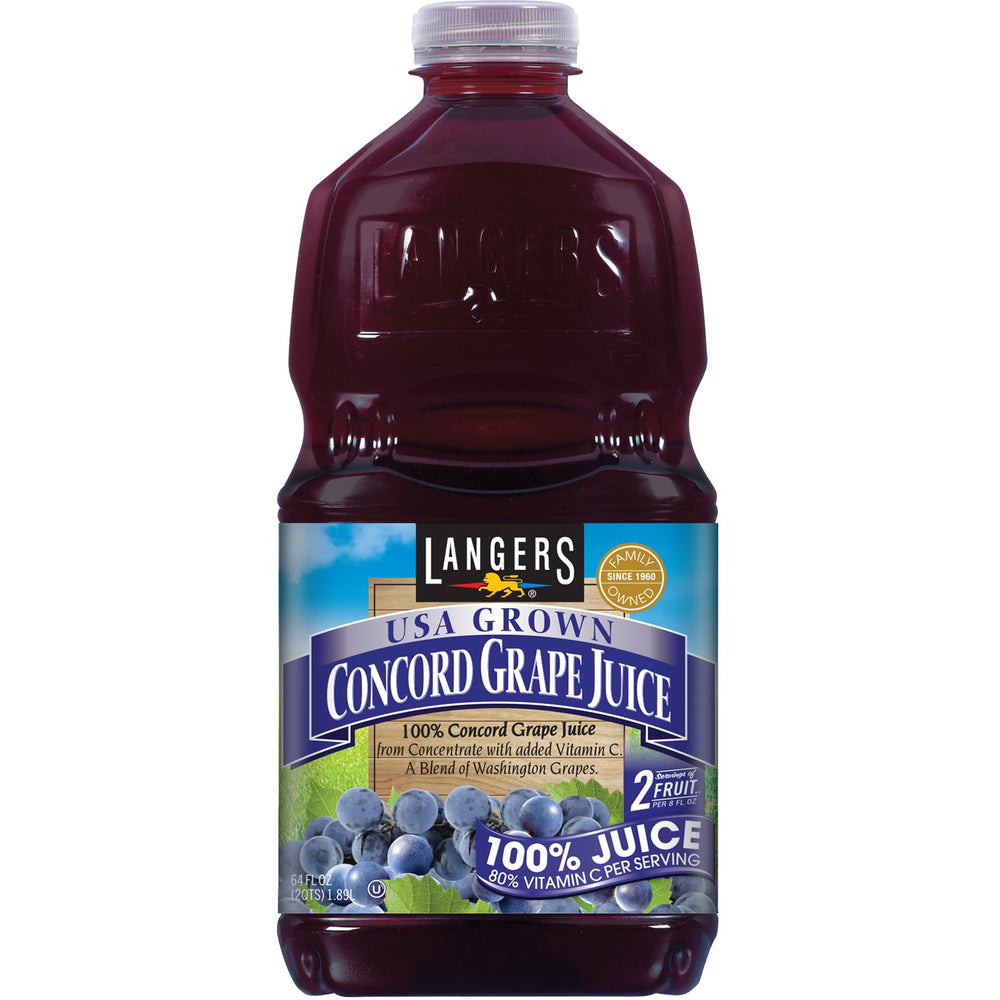Langers Concord Grape juice bottle, ready to enjoy as a natural beverage with no preservatives