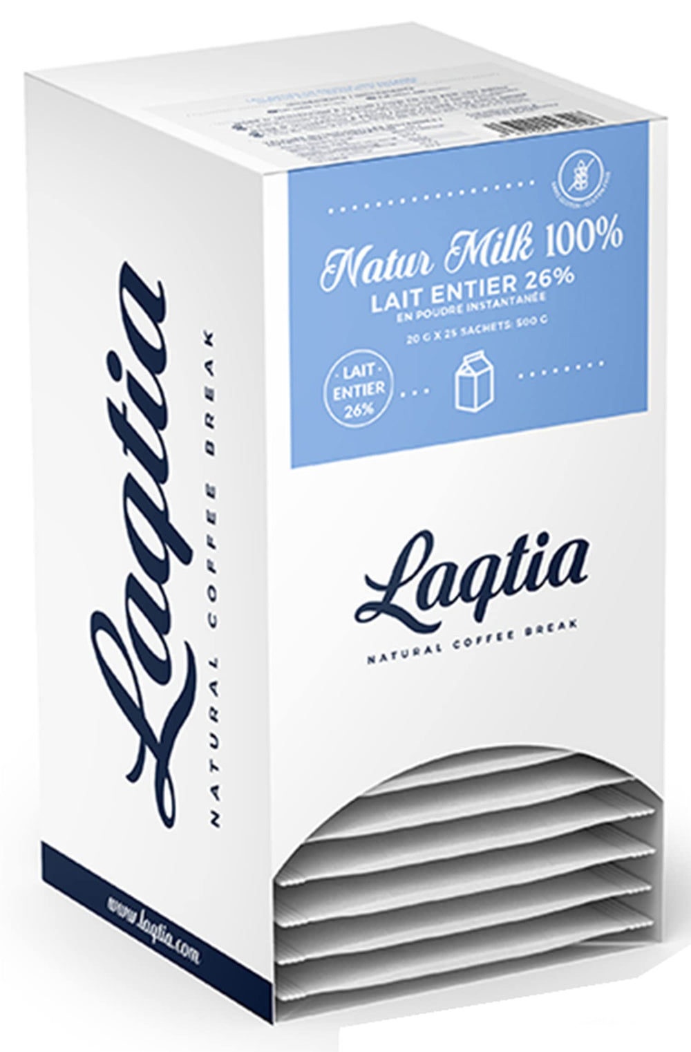 Laqtia instant whole milk packets in a box for convenient on-the-go dairy.