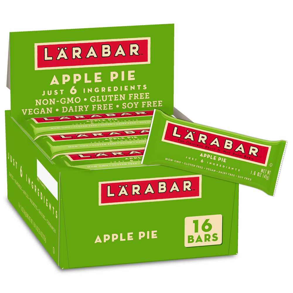 LÄRABAR Apple Pie bar packaging showing clean, simple ingredients for on-the-go snacking and clean eating.