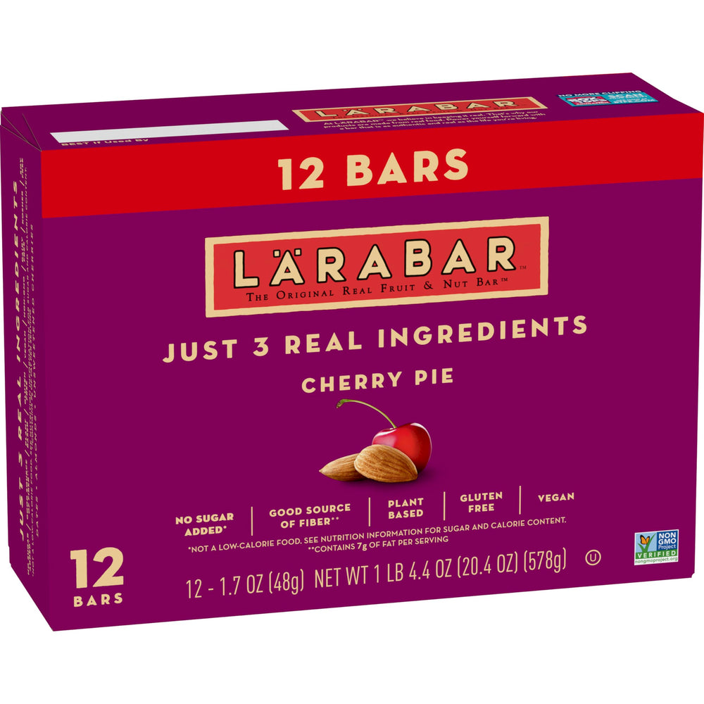 LÄRABAR Cherry Pie bars packaging highlights gluten-free vegan snack on the go