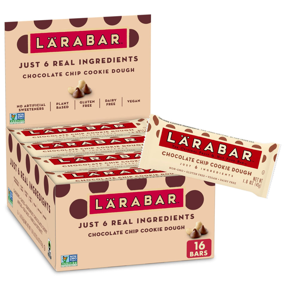 LÄRABAR Chocolate Chip Cookie Dough bar on packaging, convenient on-the-go snack for busy days