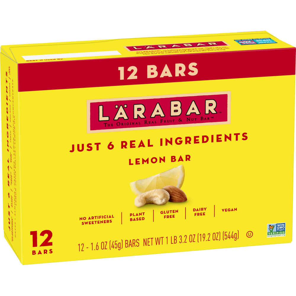 LÄRABAR Lemon Bar box front highlighting simple, gluten-free vegan ingredients.