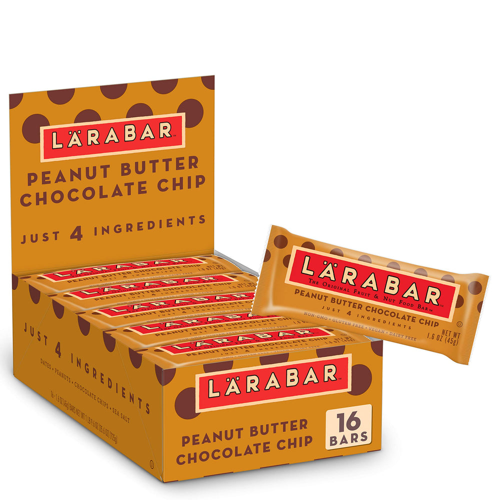 Larabar Peanut Butter Chocolate Chip bar close-up showing clean ingredients.