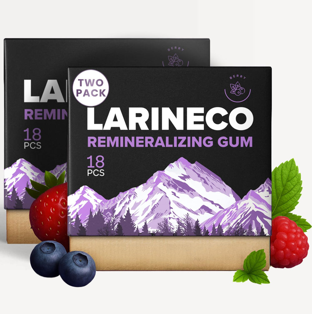 Larineco remineralizing gum with nano-hydroxyapatite for between-brushings freshness.