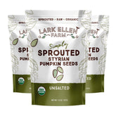 Lark Ellen Farm front packaging of sprouted pumpkin seeds, ready-to-snack and organic.