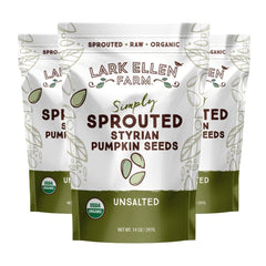 Lark Ellen Farm front packaging of sprouted pumpkin seeds, ready-to-snack and organic.