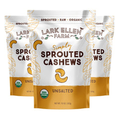 Lark Ellen Farm unsalted organic sprouted cashews in packaging for easy pantry storage and snacking