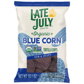 Late July blue corn tortilla chips bag front, organic and gluten-free snack for gatherings.