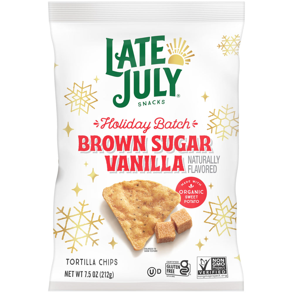 Late July brown sugar vanilla tortilla chips on a festive hero shot for party snacking.