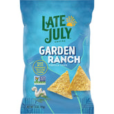 Late July Garden Ranch tortilla chips in front of bag, bold flavor ready to enjoy.