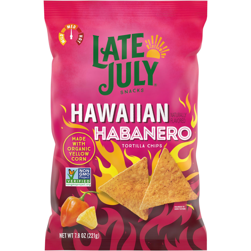 Late July Hawaiian Habanero chips bag highlights organic corn tortilla crisps for a tropical snack.