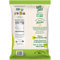 Late July organic tortilla chips ingredients panel emphasizing organic corn and clean ingredients.