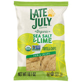 Late July sea salt lime organic tortilla chip bag showing crispy, thin texture for snacking.