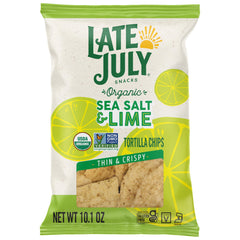 Late July sea salt lime organic tortilla chip bag showing crispy, thin texture for snacking.