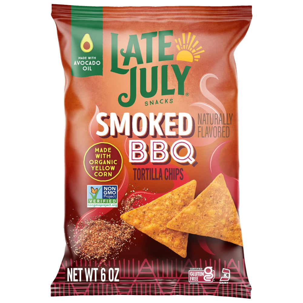 Late July Smoked BBQ Tortilla Chips bag front, ready to snack or pair with salsa.