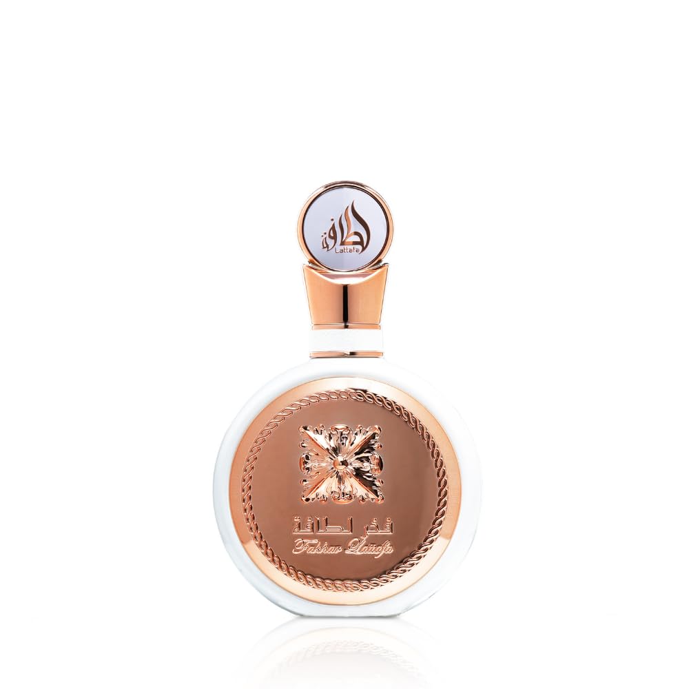 Lattafa Fakhar Eau de Parfum bottle close-up showcasing elegant design for evening wear.