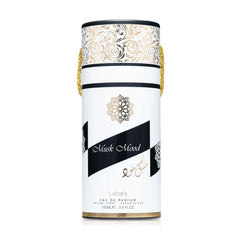 Lattafa Musk Mood cap closeup, premium packaging design.