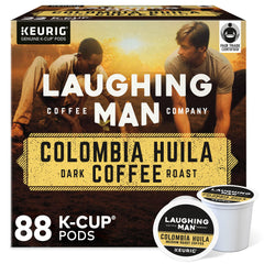 Laughing Man Colombia Huila K-Cup pod highlights dark roast aroma and bold body.