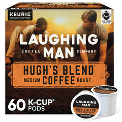 Laughing Man Hugh's Blend packaging box showcases the brand and ethical sourcing.