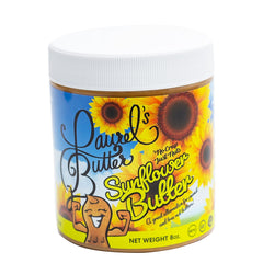 Laurel's Butter sunflower butter jar on a kitchen counter; high-protein, nut-free spread.