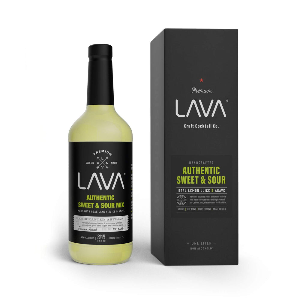 LAVA Sweet & Sour Mix bottle front shows premium ingredients for balanced cocktails.