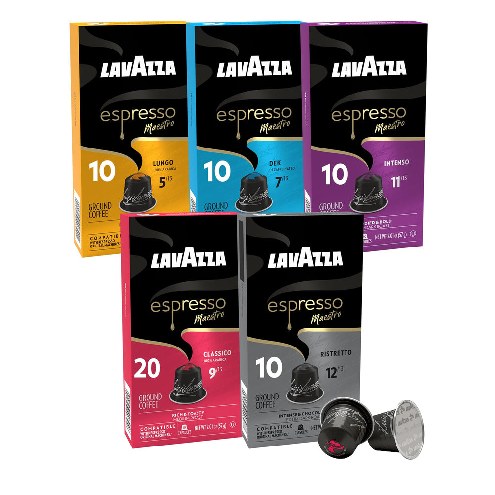 Lavazza Armonico espresso pods shown in a display, ideal for quick morning rituals.