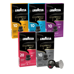 Lavazza Armonico espresso pods shown in a display, ideal for quick morning rituals.