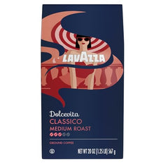 Lavazza Classico ground coffee front view highlights premium packaging and flavor.